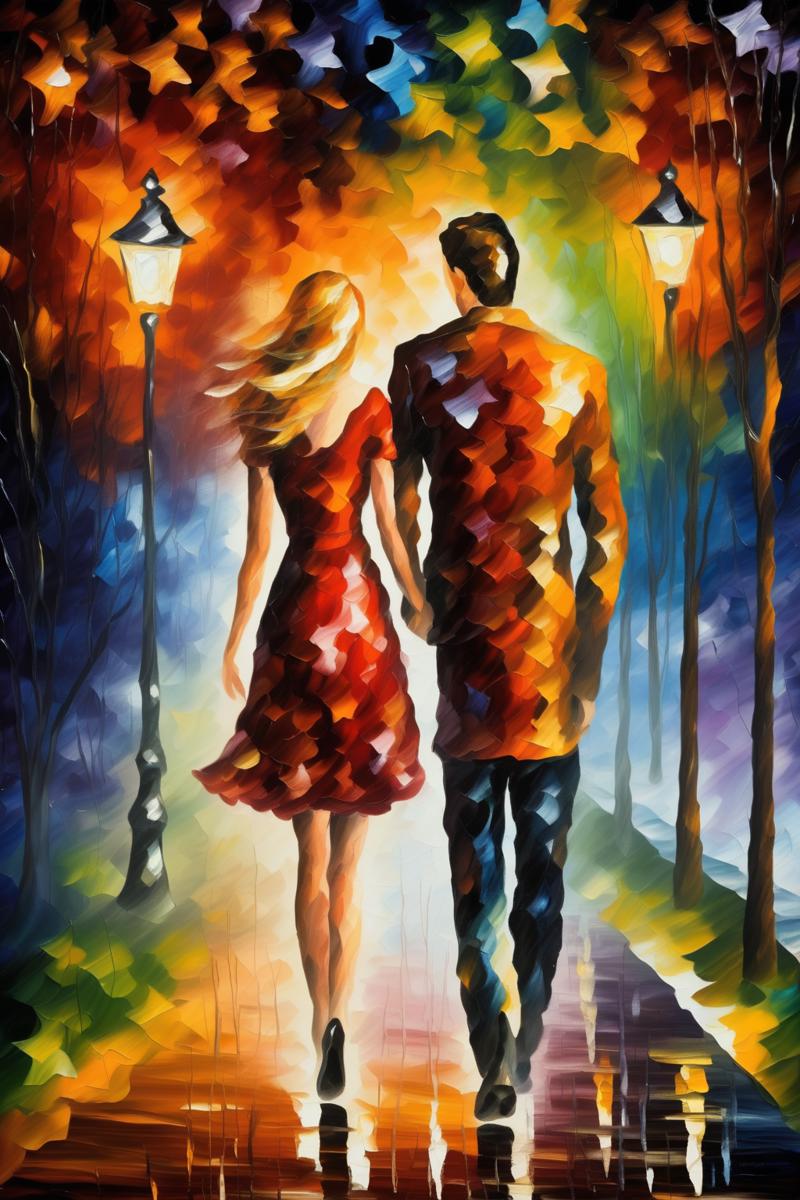 00285-724818151-_lora_Leonid Afremov Style_1_Leonid Afremov Style - a man with dark hair & a beard is walking hand in hand with a blonde haired.png